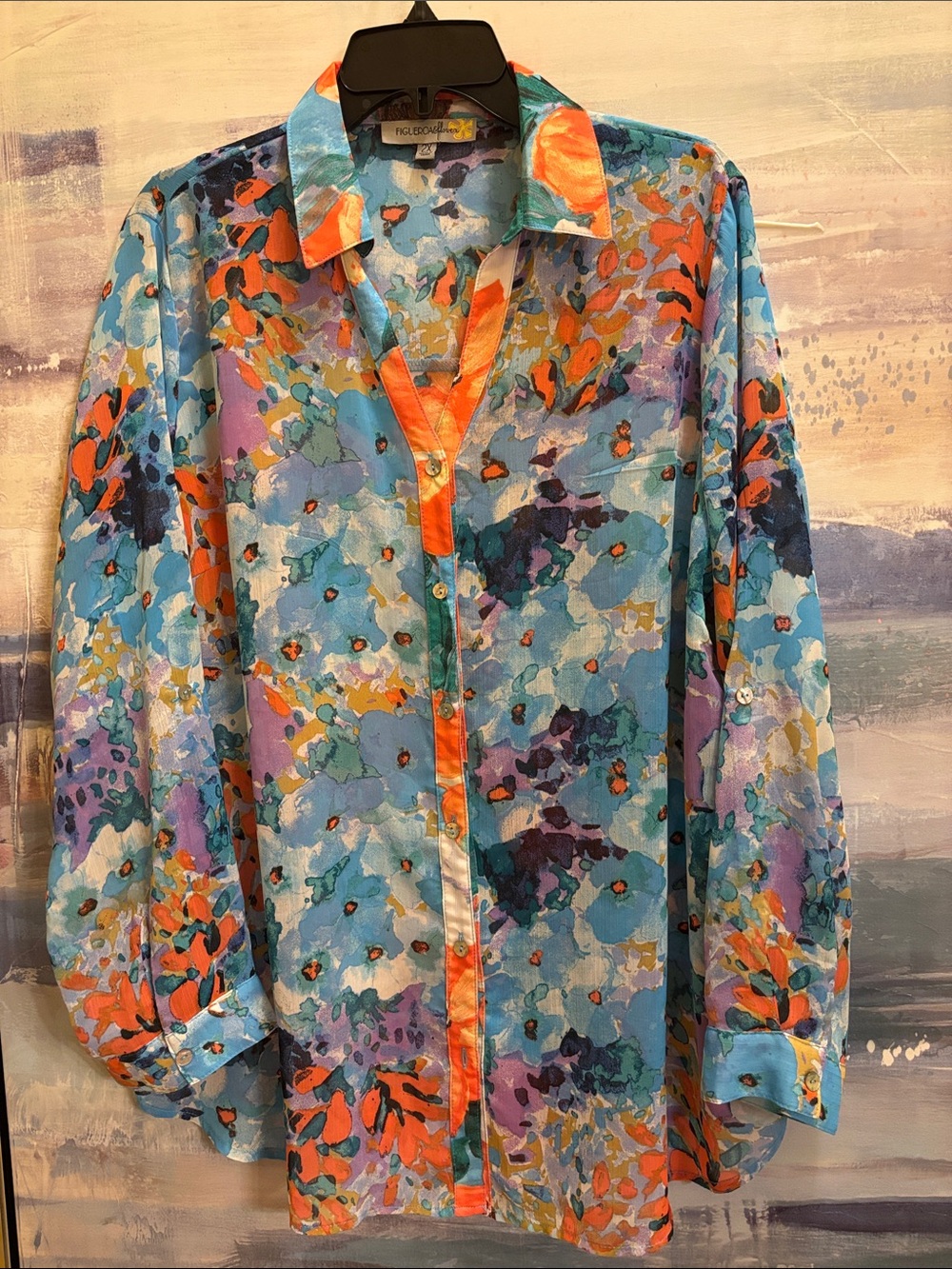 Rafaella Blue Floral Button-Down Blouse